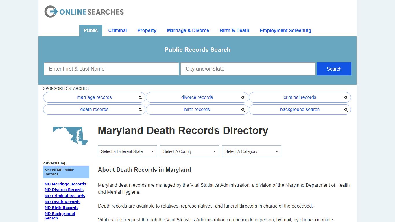 Maryland Death Records Search Directory - OnlineSearches.com